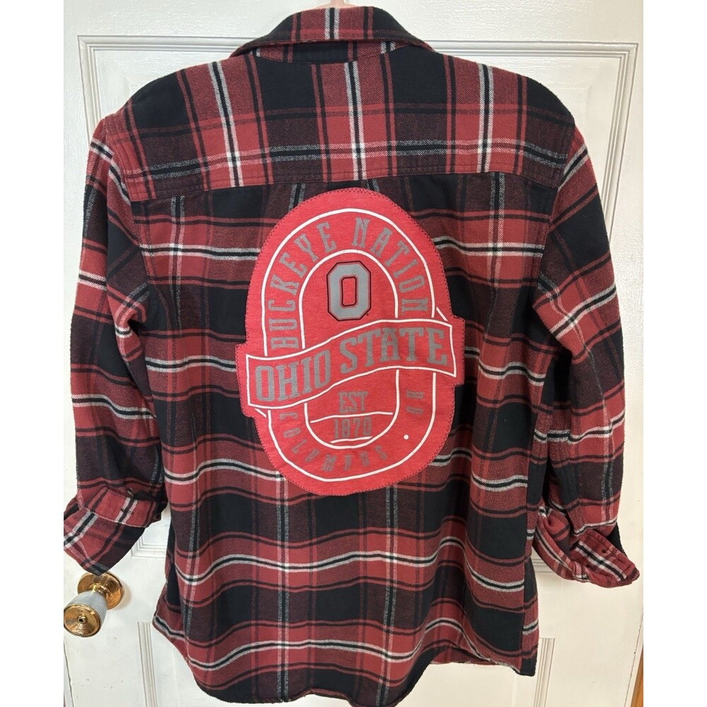 Buckeye Nation Ohio State Upcycled Flannel Shirt Button Up Mens Size Medium NOTE